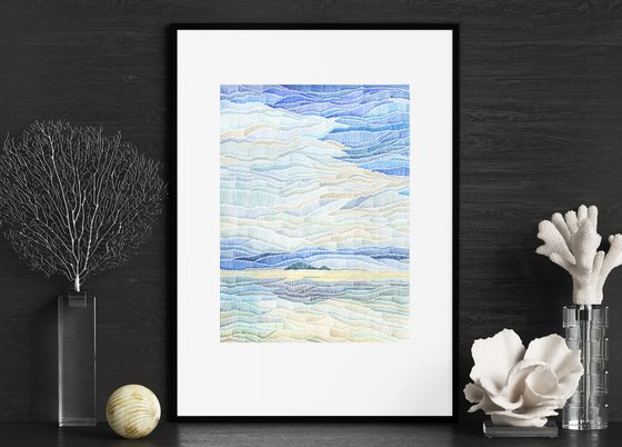 Abstract watercolor seascape with big clouds
