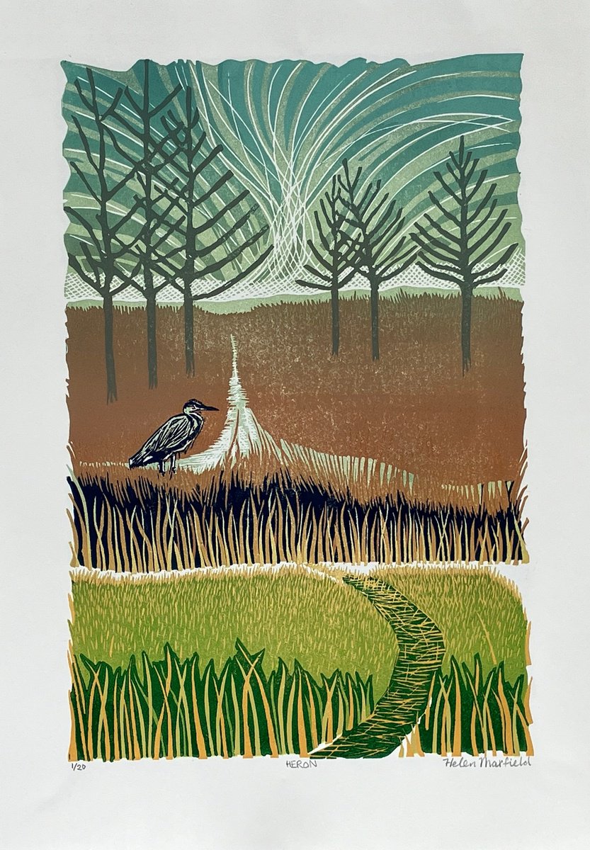 Impressionistic Animal Linocut By Helen Maxfield, 12 X 16, Heron, Original Artwork