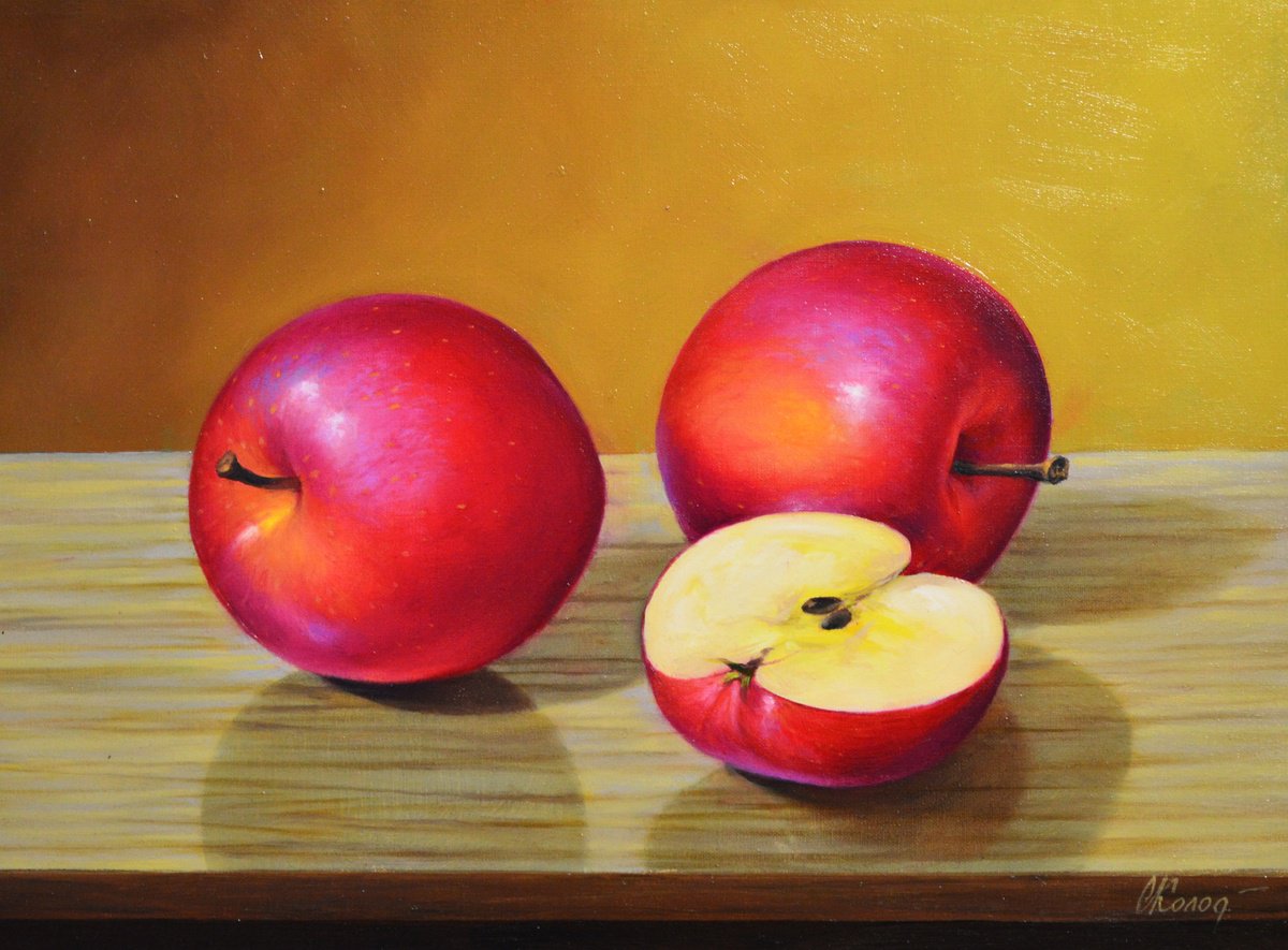 Photorealistic Still Life Oil Painting By Kolodyazhniy Sergey, 16 X 12", Red Apples. Still Life/25, Original Artwork