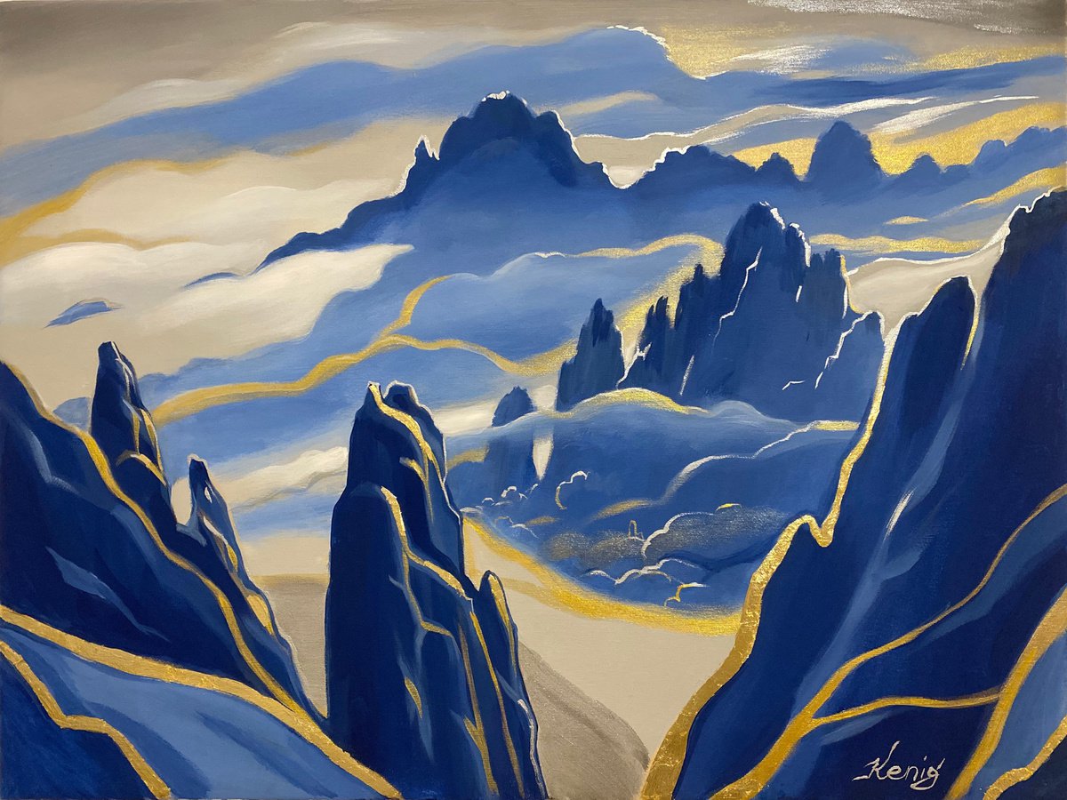 Moonlight Mountains - Blue gold abstract art - Artfinder