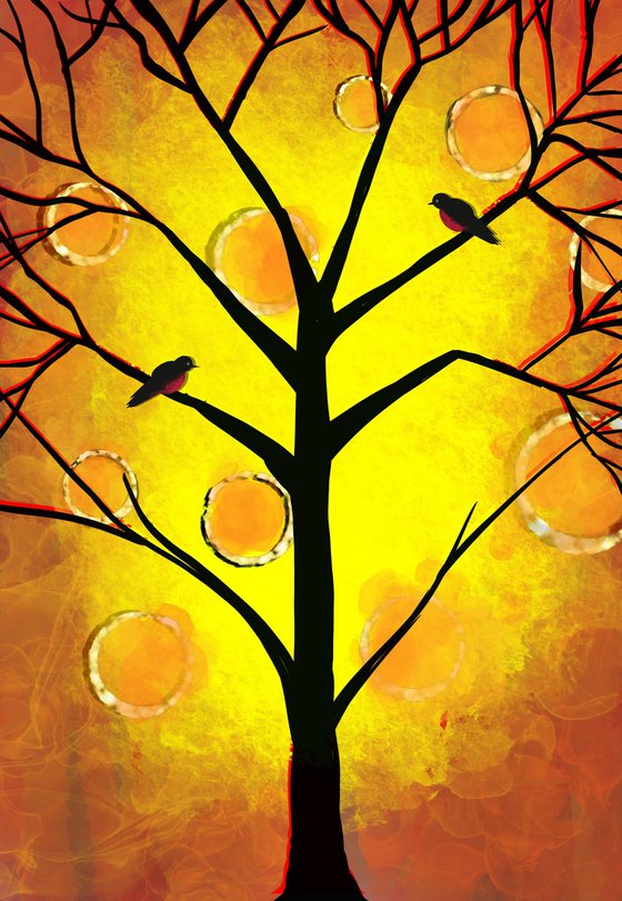 Birds of a Summer , cute lovebird tree artwork yellow alt edition