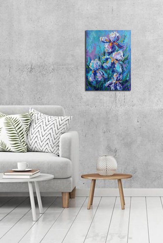 Irises and blue sky- flowers, oil painting, irises flowers, gift idea, flowers oil painting, flowers art, gift for woman