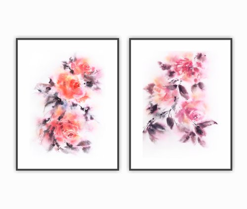 Watercolor floral painting set "Autumn roses" by Olga Grigo