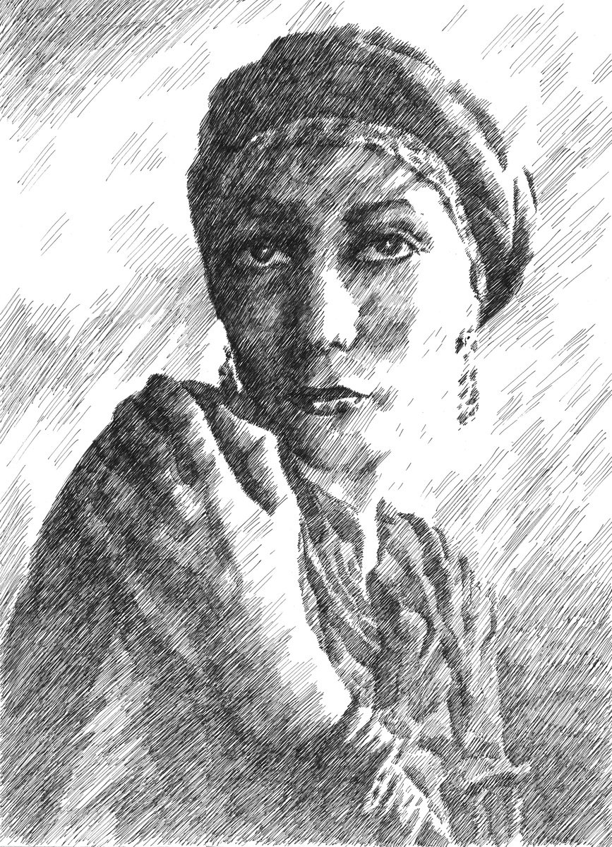 Impressionistic Portrait Ink Drawing By Kateryna Bortsova, 12 X 17", Oriental Girl Graphic Portrait Drawing, Original Artwork
