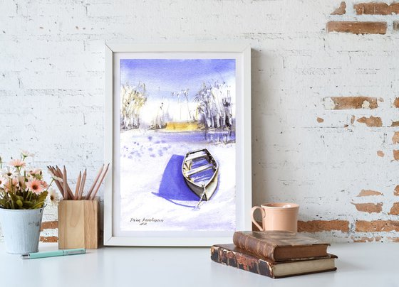 Boat at the winter river original watercolor painting blue sky painting small format gift idea