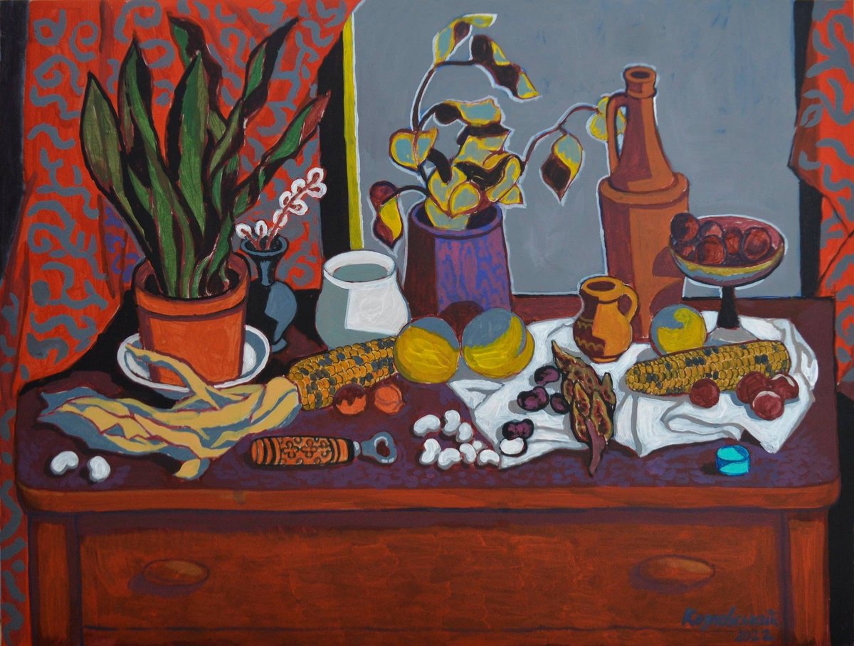 Impressionistic Botanical Acrylic Painting By Mykola Kozlovsky, 34 X 26", Still Life. Trivia, Original Artwork