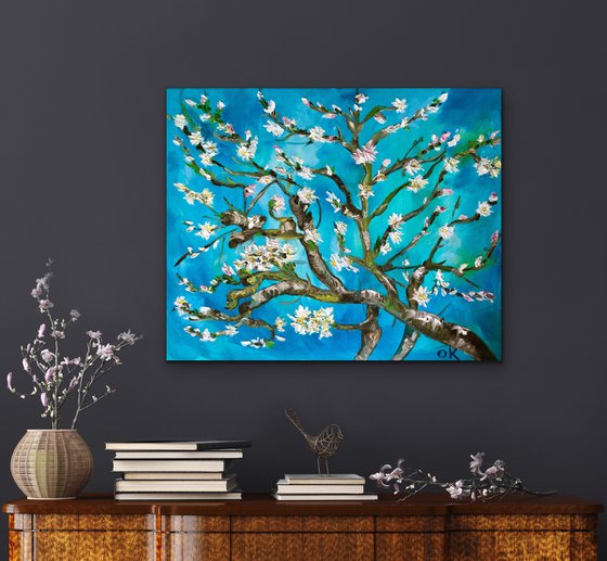 Almond blossom on turquoise inspired by Vincent Van Gogh oil painting ready to hang