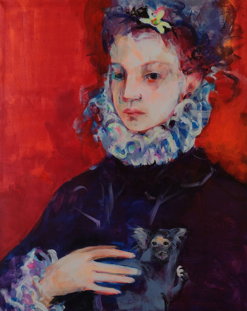 Expressive Portrait Acrylic Painting By Marina Del Pozo, 32 X 39", La Dama Y El Titi, Original Artwork