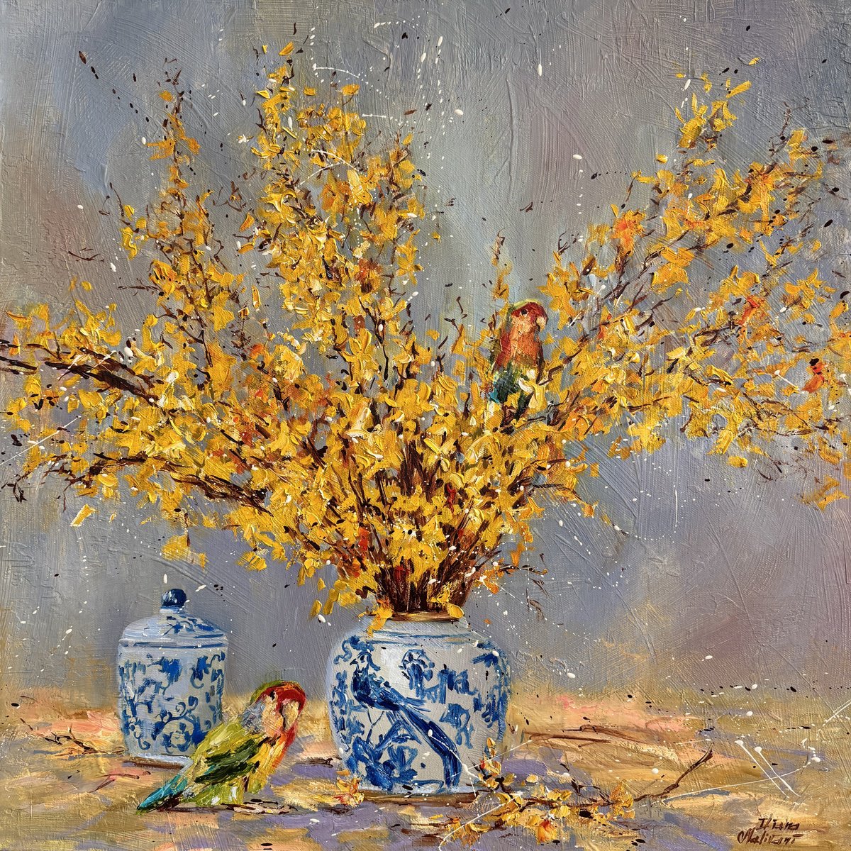 Impressionistic Animal Oil Painting By Diana Malivani, 24 X 24, Lovebirds, Original Artwork