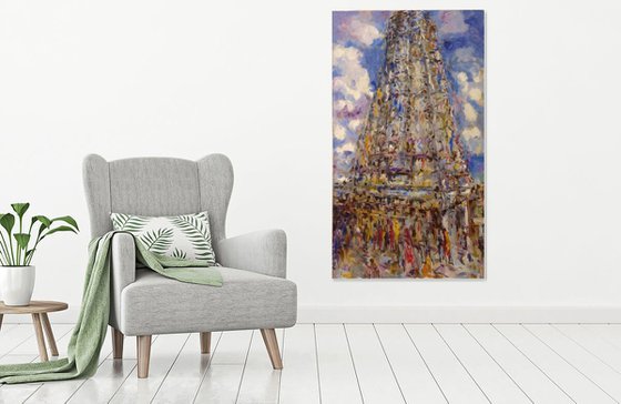 MYLAPORE. INDIAN TEMPLE - original oil painting,  landscape,  pagoda India, architecture