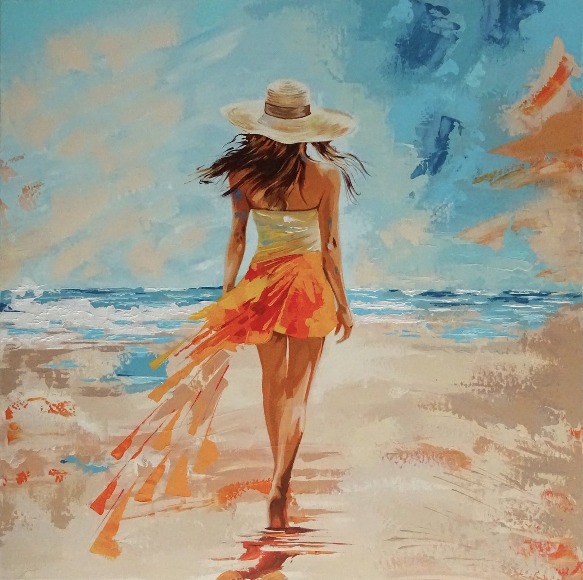 Impressionistic Portrait Acrylic Painting By Livien Rozen, 28 X 28", Summer Sunshine, Original Artwork