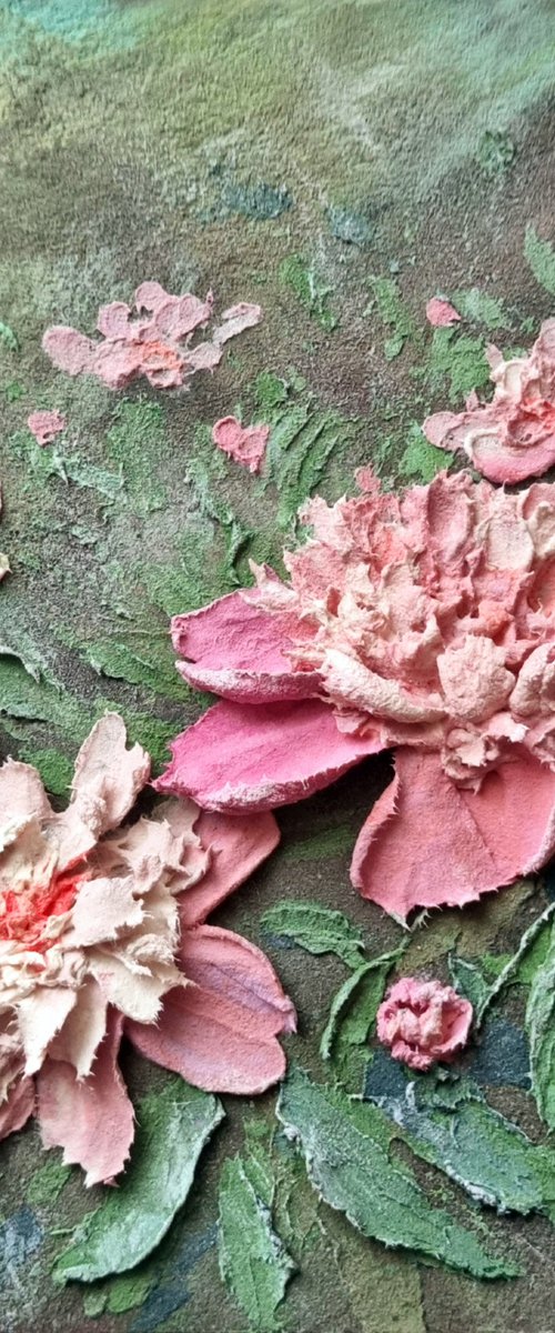 Miniature pink peonies. A small floral botanical relief. 3d painting of spring flowers with ceramic petals. by Irina Stepanova