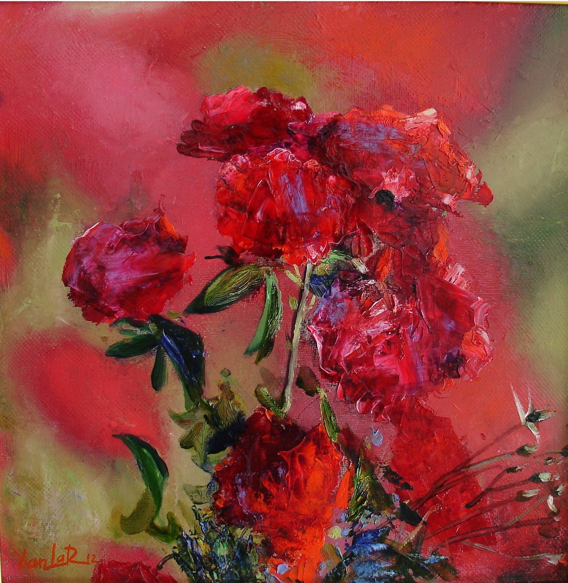 Impressionistic Botanical Oil Painting By Khanlar Asadullayev, 14 X 14", Red Roses, Original Artwork