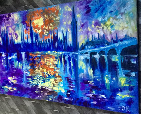 Sunset  in London. Big Ben. House of Parliament. 90 x55 LARGE OIL PAINTING