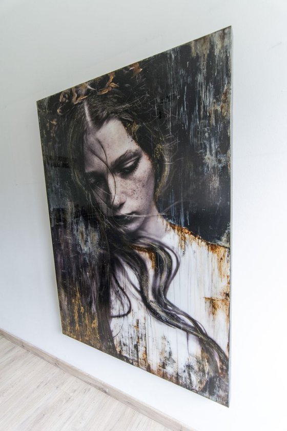 "Dreamworld" (140x100x5cm) XL portrait artwork on wood (abstract, portrait, original, epoxy, painting)