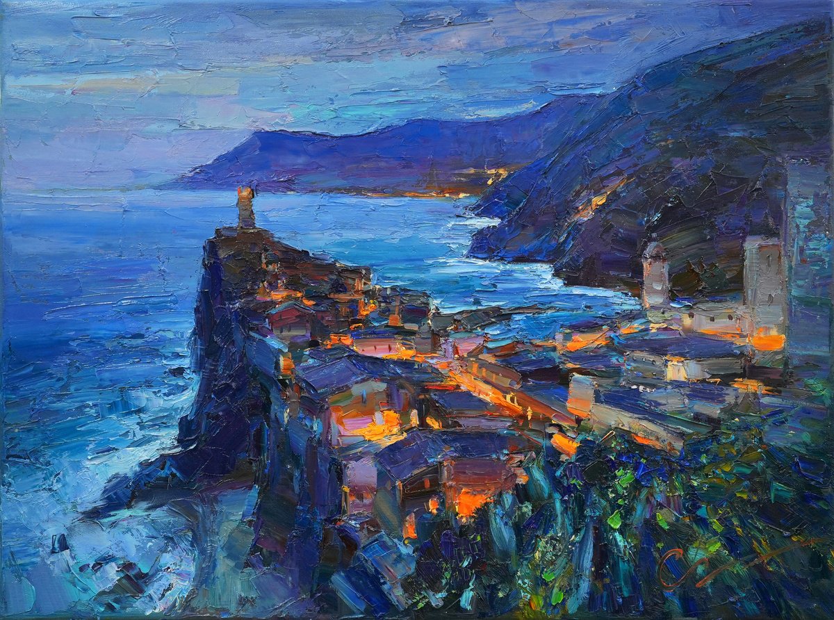Impressionistic Cityscapes Oil Painting By Serhii Cherniakovskyi, 24 X 18", Evening Cinque Terre, Original Artwork