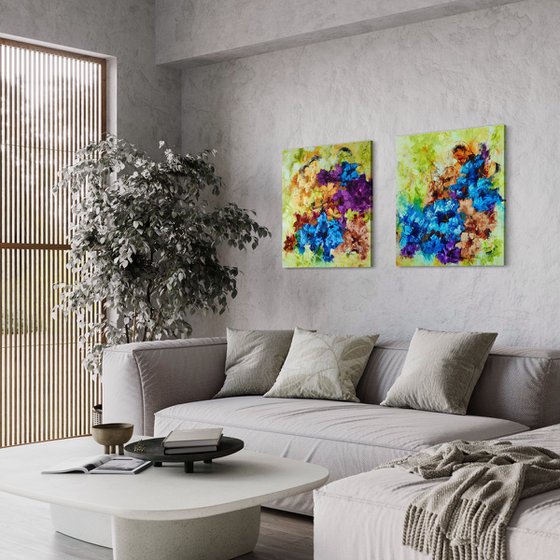 Diptych "Euphoria" from "Colours of Summer" collection, abstract flower painting