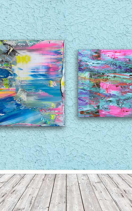 "I'm Rubber You're Glue" - Original PMS Abstract Acrylic Painting Diptych on Canvas and Wooden Panel - 44" x 27" by Preston M. Smith (PMS)