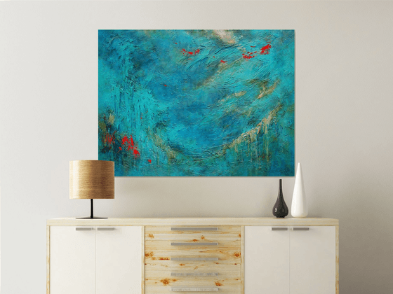 Blue Abstract Seascape Textured Painting Navy, Teal, Red, Silver, Gold. Modern Art with Heavy Texture. Abstract Landscape Contemporary Artwork for Livingroom or Bedroom