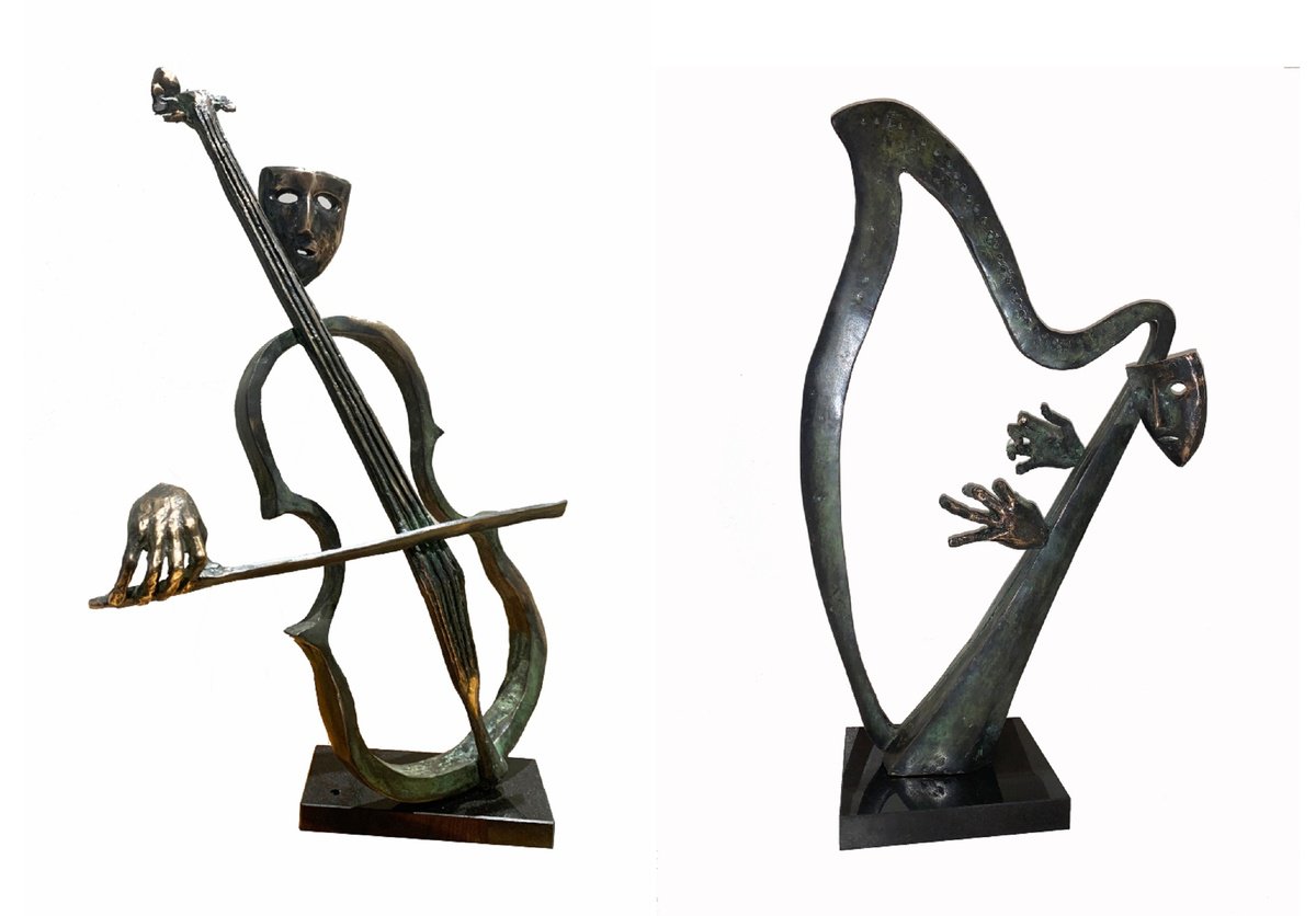 Surrealistic Portrait Bronze Sculpture By Toth Kristof, 12 X 21", Diptych Cellist + Harp Player, Original Artwork