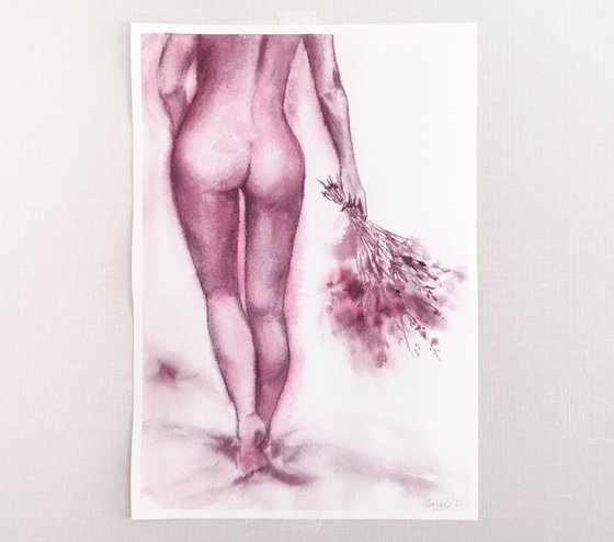 Nude sensual girl watercolor painting "Promenade"