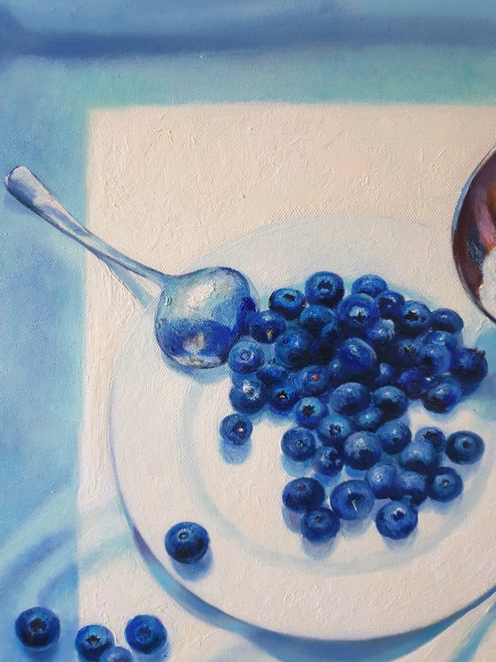 "Slightly sour.  "  still life summer blueberry blue berries  white liGHt original painting  GIFT (2021)