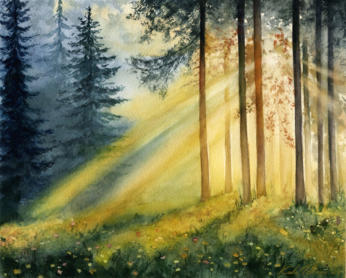 Photorealistic Landscape Watercolour By Tetiana Koda, 10 X 8", Sunlight In The Forest, Original Artwork