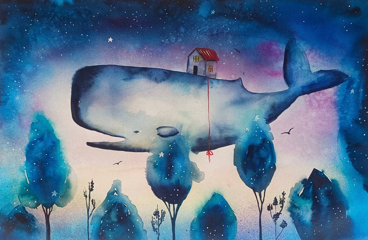 Surrealistic Landscape Watercolour By Evgenia Smirnova, 22 X 15, Between Stars And Trees, Original Artwork
