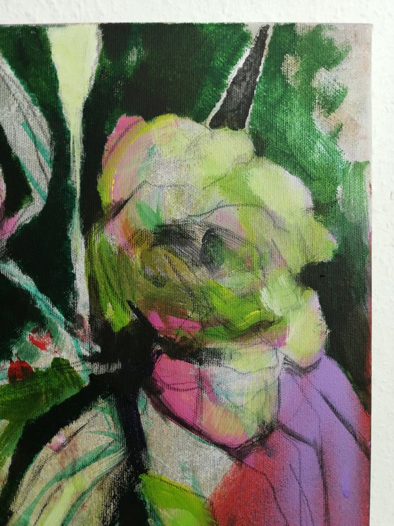 Green-pink peonies modern mixed media painting