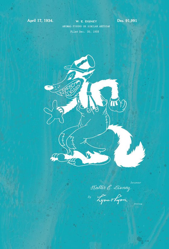 Disney Big Bad Wolf character patent - Turquoise- circa 1934