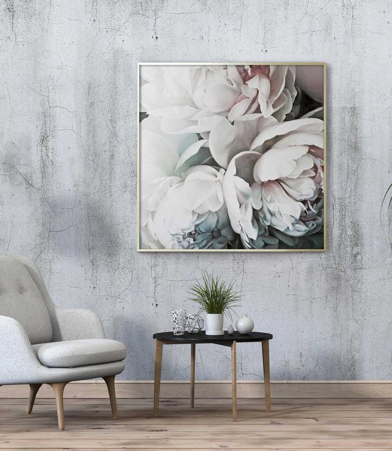"Tender peonies"  White flower oil canvas art