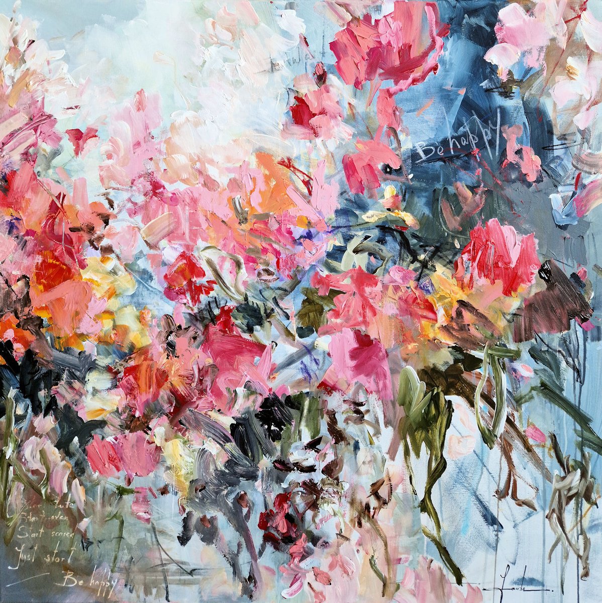 Expressive Botanical Acrylic Painting By Irina Laube, 39 X 39, Just Be Happy, Original Artwork