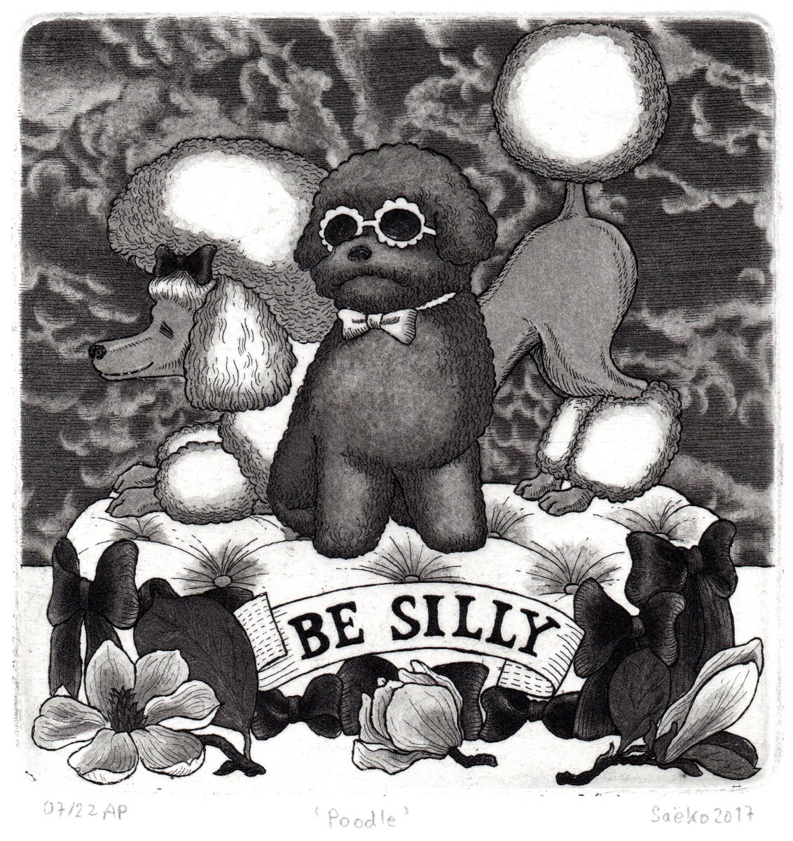 Illustrative Animal Etchings & Engravings By Saeko, 7 X 7", Poodle - Be Silly, Original Artwork