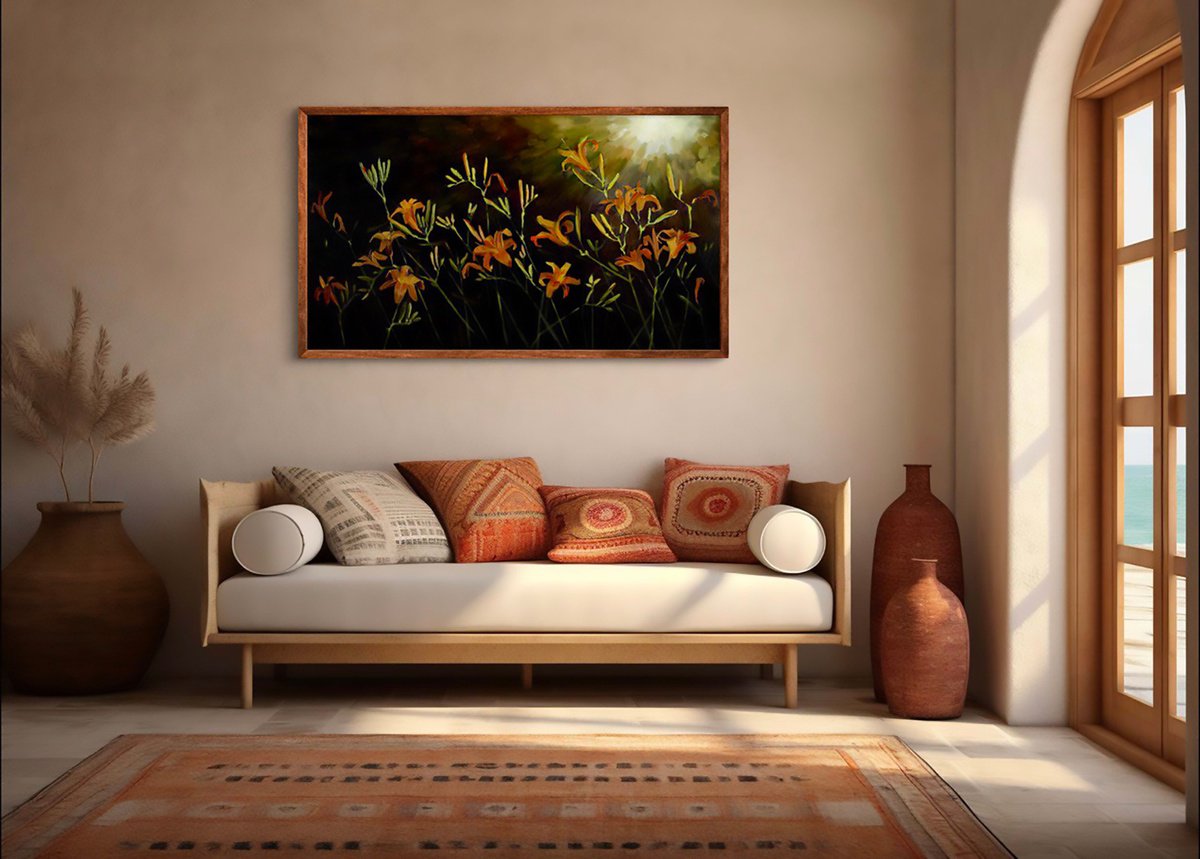 Impressionistic Botanical Oil Painting By Kateryna Guseva, 55 X 31", Lilies On Black, Original Artwork