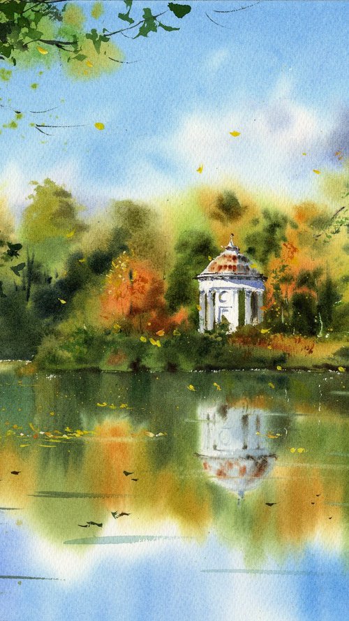 Autumn. Gazebo on the shore of the lake by Eugenia Gorbacheva