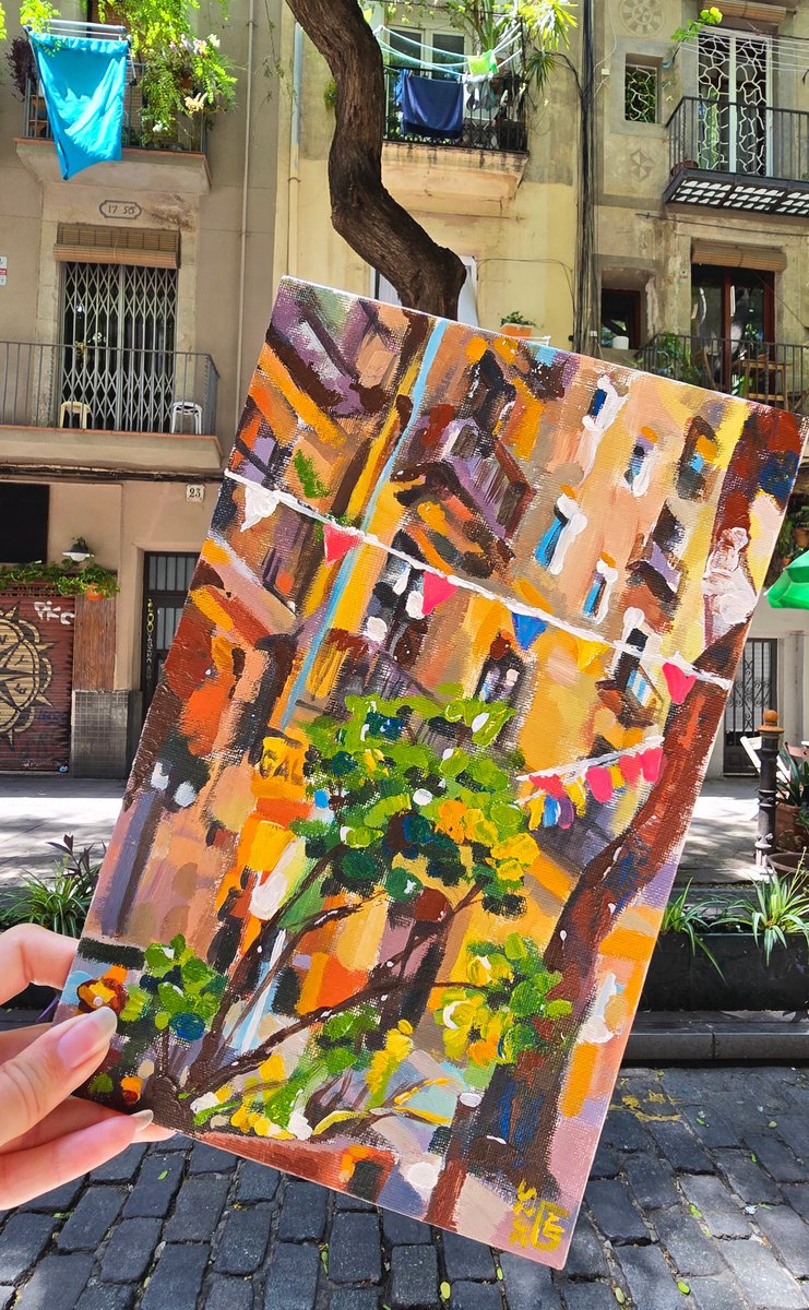 Impressionistic Cityscapes Acrylic Painting By Kateryna Bortsova, 7 X 11", Acrylic Landscape Painting Of Barcelona, Artfinder