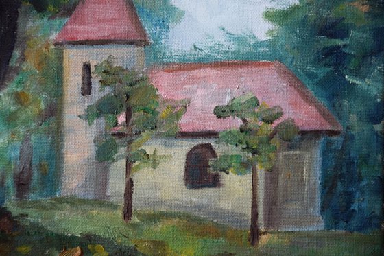 Oil painting Church in early autumn