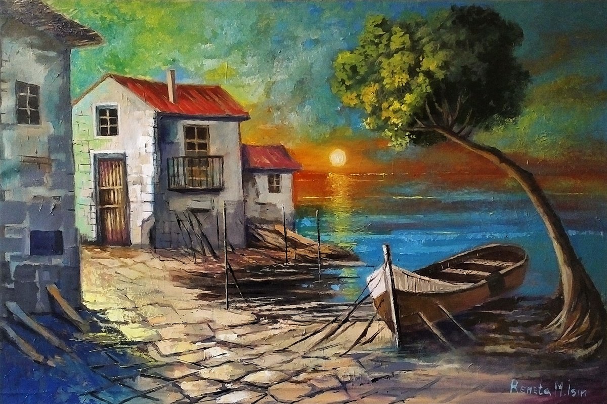 Impressionistic Cityscapes Oil Painting By Reneta Isin, 35 X 24", " Sicily " Boat, Original Artwork