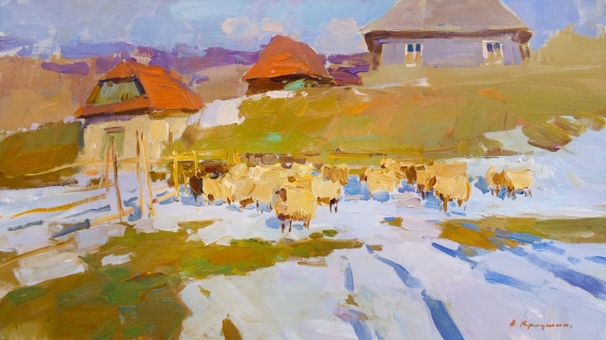 Impressionistic Landscape Oil Painting By Aleksandr Kryushyn, 28 X 16, The Sun In March, Original Artwork
