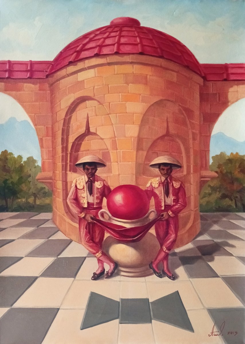 Surrealistic Portrait Oil Painting By Artush Voskanian, 20 X 28, The Guardians Of Illusion, Original Artwork