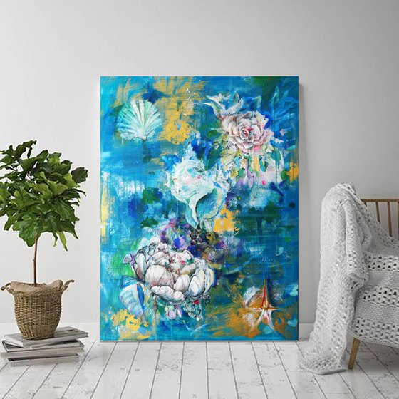Elegant flirting. Flowers and shells, 100x75 cm by Dariya Tumanova