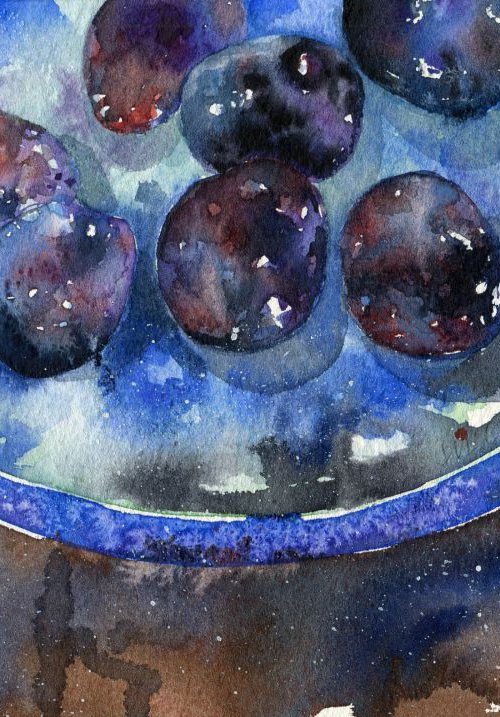 Original Watercolour Painting of Plums in Canterbury Pottery Bowl by Hannah Clark