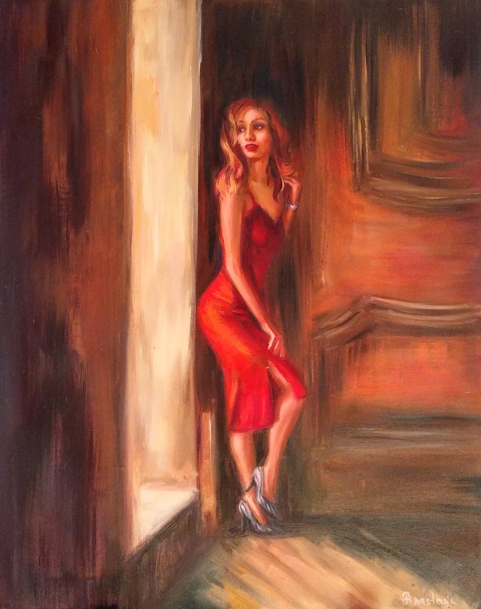 Woman Portrait Figure near the Window Red Dress Door Light by Anastasia Art Line