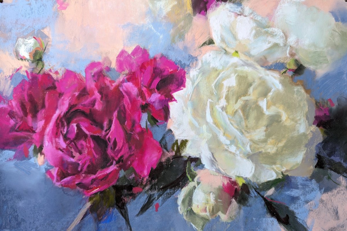 Botanical Pastel Drawing By Silja Salmistu, 18 X 12", Peony Rhapsody, Original Artwork