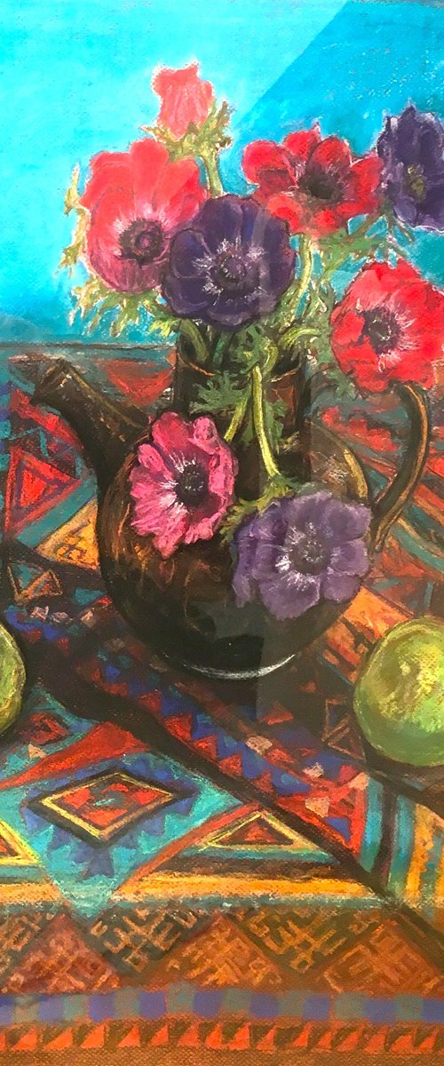 Anemones in black pot still life by Patricia Clements
