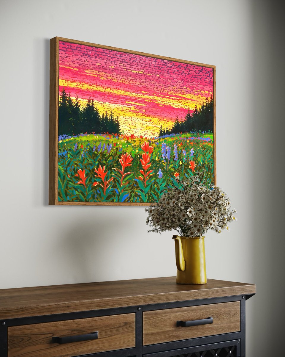 Impressionistic Landscape Oil Painting By Volodymyr Smoliak, 35 X 28", Sunset In Mountains, Original Artwork