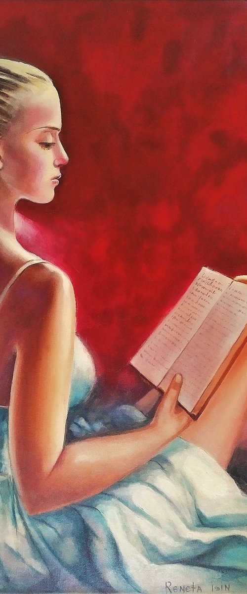 Girl with a book - 60 x 80cm Original Oil Painting by Reneta Isin