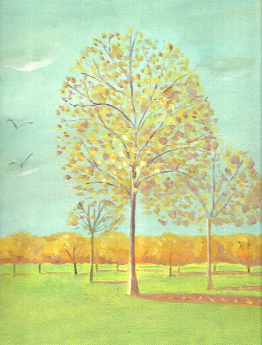 Golden trees in sunlight by Mary Stubberfield
