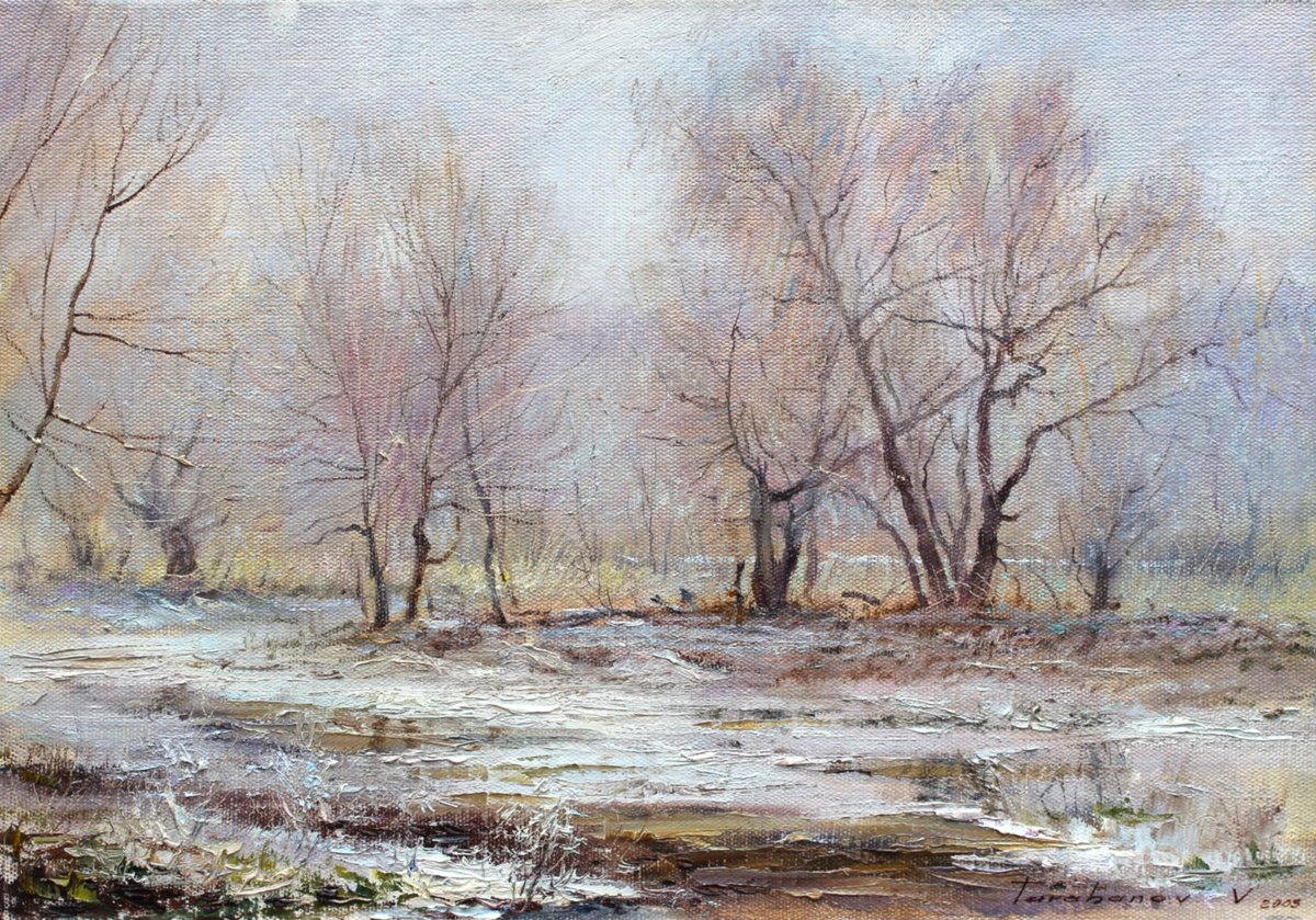 Impressionistic Landscape Oil Painting By Volodymyr Tarabanov, 20 X 14", First Snow, Original Artwork