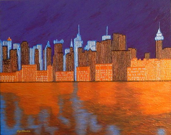 Midnight on the Hudson - New York cityscape on Hudson river evening reflections; home, office decor; gift idea